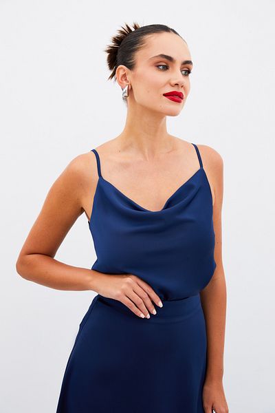 Sateen Satin Blouse with Flared Collar - Dark Blue