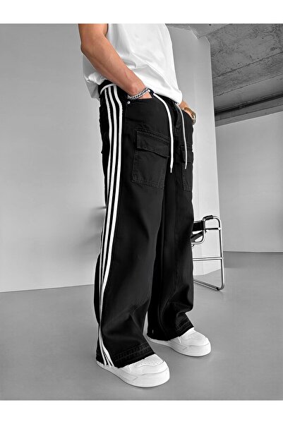 ablukaonline Men's Super Baggy Fit Piece Fabric Striped Jean Trousers Black