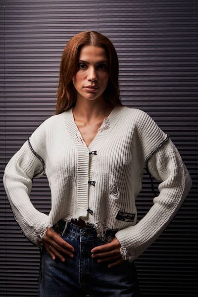 its basic Women's Ecru Color Thick Braided Design Sweater Cardigan