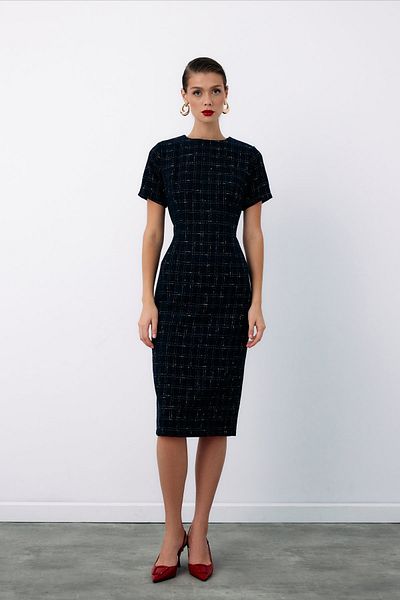 Sateen Silvery Short Sleeve Dress - Navy Blue
