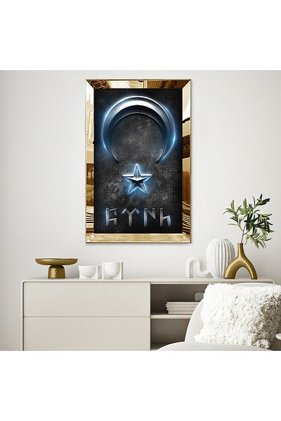 Zevahir Mobilya Dekorasyon Χρυσός καθρέφτης με πλαίσιο από πλεξιγκλάς με γκρι φόντο Χρυσό αστραπτικό αλφάβητο τουρκική γραφή Τουρκική γραφή MDF Πίνακας