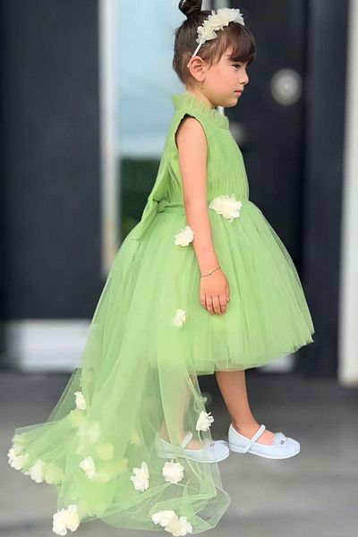 Riccotarz Girl's Green Evening Dress with Tulle Collar, Pleat Detail and Flower Tail