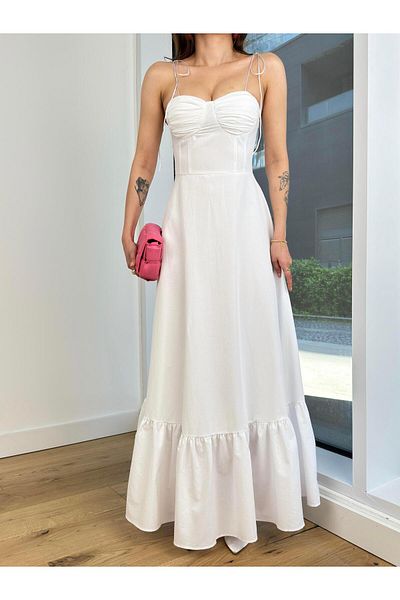 modaçelikler White Maxi Dress with Heart Collar - Adjustable Rope Strap, Zunana 24Y500