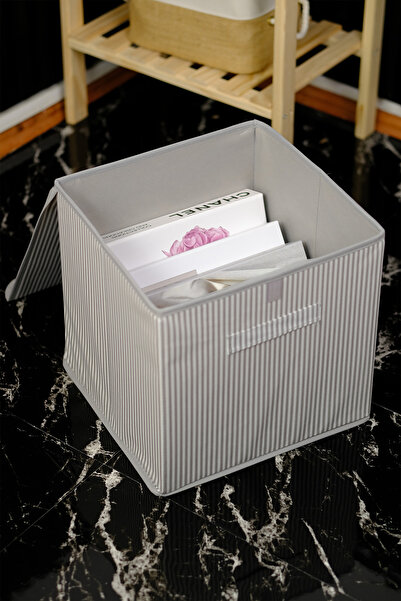 PH Prendi Home Gri Çizgili Kapaklı Düzenleme Ve Saklama Kutusu Düzenleyici 30x30x30