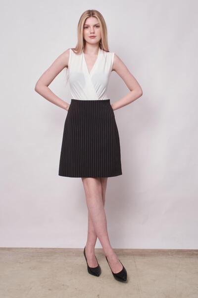 Jument Fustă clopot cu talie înaltă cu dungi din țesătură lycra pentru femei - Linie neagră