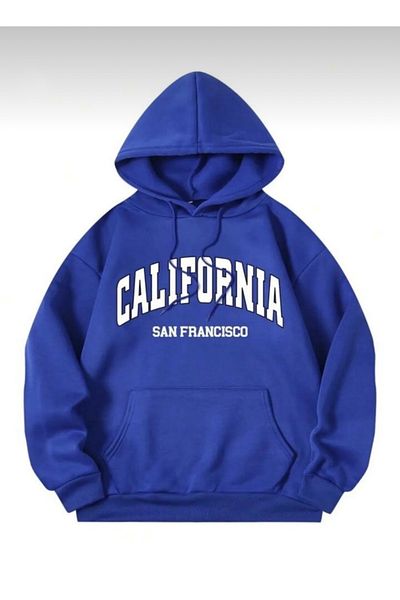 BYMEER Син суитшърт с качулка и принт Saks CALIFORNIA
