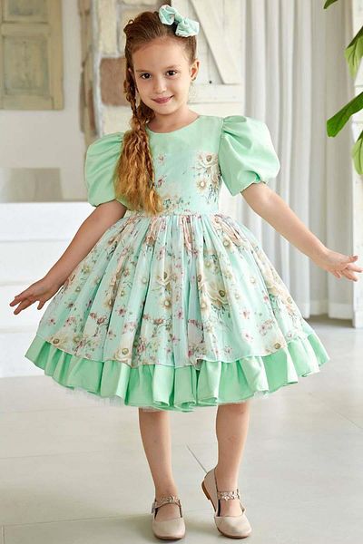 Riccotarz Green Balloon Sleeve Flower Detailed Girl's Evening Dress