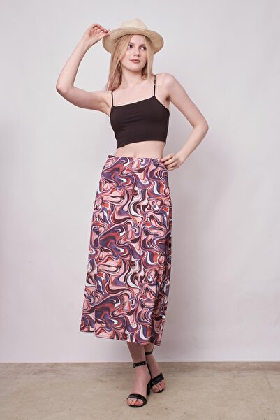 Jument Women's Patterned Lycra-Free Satin Fabric High Waist Long Bell Skirt-Purple Pattern