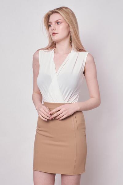 Jument Дамска къса пола-молив с висока талия и джоб, от лека ликра, цвят камила