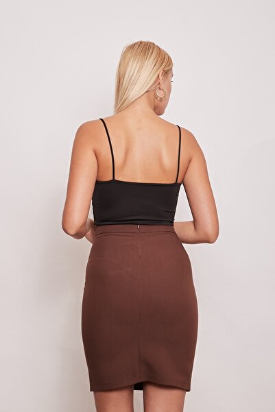 Jument Yüksek Bel Diz Üstü Şık Kumaş Kalem Etek-Kahve