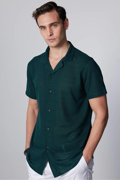 Tudors Πράσινο πουκάμισο γιακά Apache Slim Fit - Slim Fit, κοντό μανίκι, πλεκτό ύφασμα