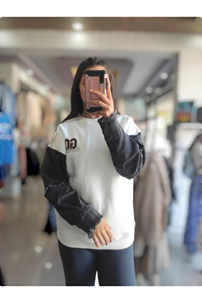 Sublime Butik Φούτερ Oversize Body Λευκό Μαύρο Τζιν με γαρνιτούρα Crew Neck