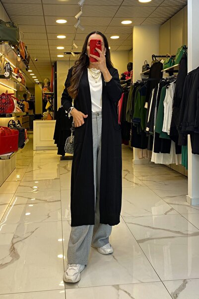 Vosse Tığ Triko Siyah Cep Detaylı Merserize Tam Boy Hırka