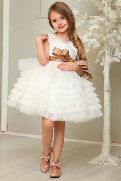 Riccotarz Girl's Glittery Bow Detailed Layered Tulle White Evening Dress