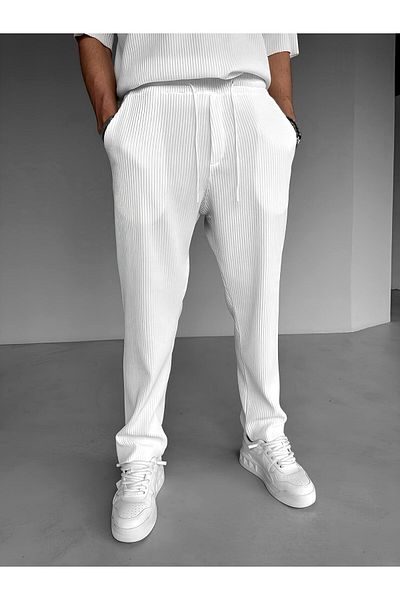 ablukaonline Ecru Men's Baggy Fit Ribbed Comfortable Trousers