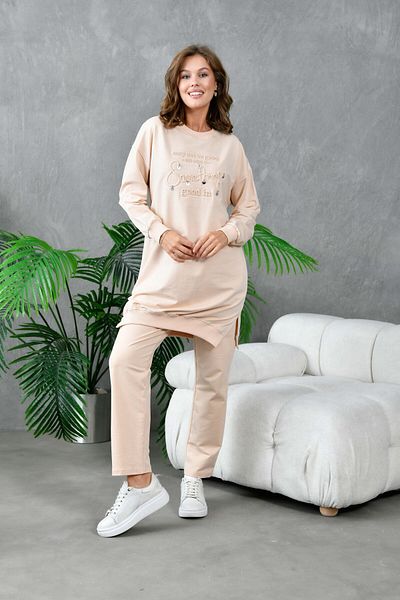 MVStore Women's Stone Detail Embossed Printed Oversize Sweatshirt Bottom-Top Set