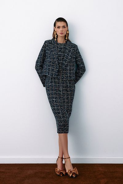 Sateen Sleeveless Tweed Pencil Dress - Navy Blue