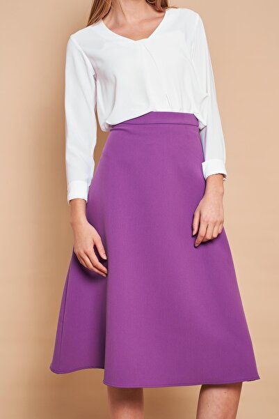 Jument Fustă de damă cu talie înaltă, sub genunchi, din țesătură ușoară din lycra - mov