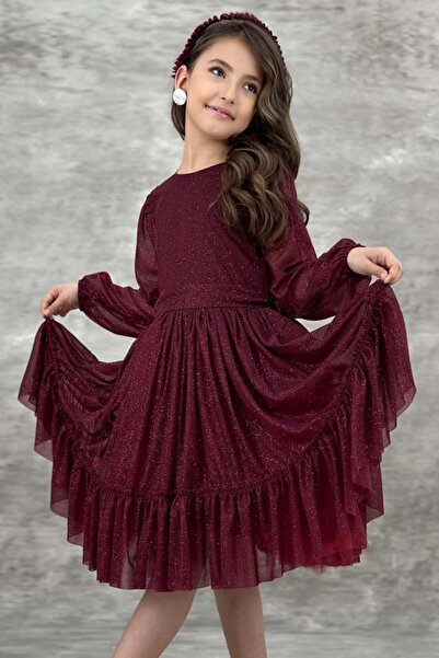Riccotarz Girl's Crew Neck Sleeves Transparent Skirt Tulle Glitter Burgundy Evening Dress