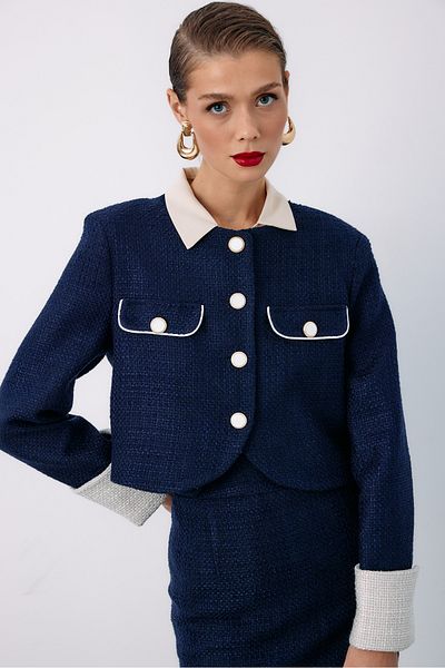 Sateen Jachetă scurtă din tweed cu contrast ALBASTRU ÎNCHIS