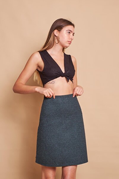 Jument Lightweight Lycra Wool Winter Jacquard Fabric High Waist Lightweight Above-The-Knee Bell Skirt-Green Houndstooth