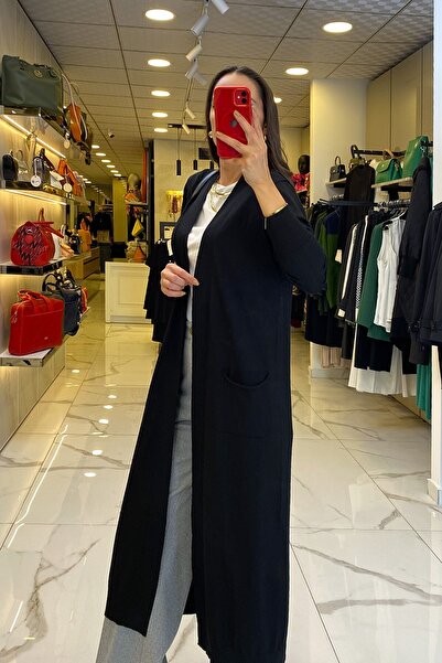 Vosse Tığ Triko Siyah Cep Detaylı Merserize Tam Boy Hırka