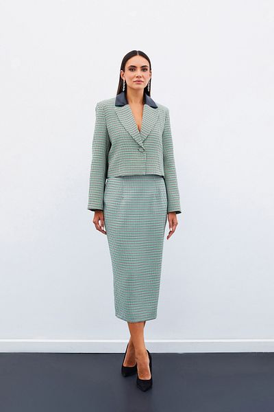 Sateen Houndstooth Midi Skirt - Green