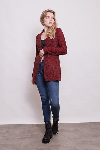 Jument Jachetă cu mânecă lungă cu model în carouri, cu un singur nasture, din stofă de lână - carouri burgundă