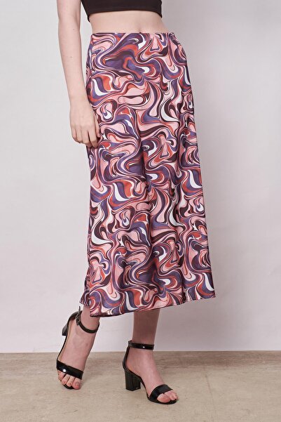 Jument Women's Patterned Lycra-Free Satin Fabric High Waist Long Bell Skirt-Purple Pattern