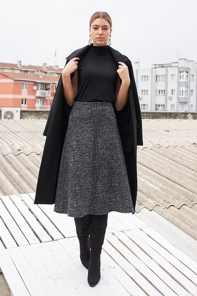 Jument Fustă de iarnă din lână jacquard, țesătură lycra ușoară, cu talie înaltă, lungă, în formă de A - Diagonală neagră