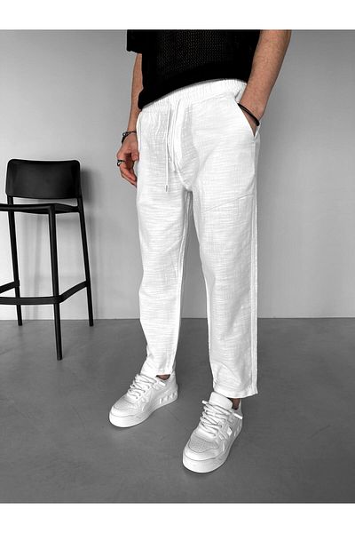 ablukaonline Men's Comfortable Fit Cotton Cool-Keeping Elastic Waist Summer Linen Trousers White
