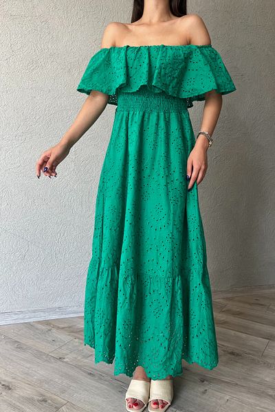 Seda Yalçın Atelier Πράσινο φόρεμα με γιακά Madonna με λεπτομέρεια από έγχυλο