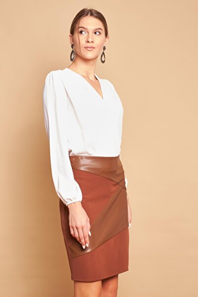 Jument Leather Detailed High Waist Lightweight Lycra Fabric Pencil Skirt - Tan