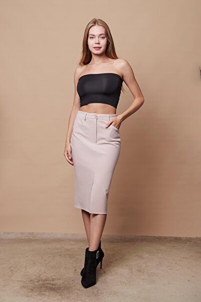 Jument Fusta de damă cu talie înaltă și cu fantă în față din Lycra - cu buzunare germane, șampanie