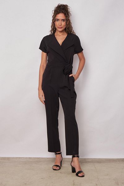 Jument Shawl Collar Off-Shoulder Lace-Up Ankle Length Jumpsuit - black