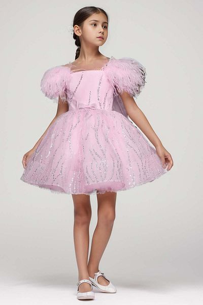 Riccotarz Ροζ βραδινό φόρεμα για κορίτσια - Off Shoulder, μανίκια με πούπουλα και εσωτερική επένδυση με πούλιες