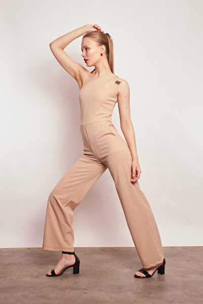Jument Lycra Crepe Fabric One Shoulder Accessory Side Pocket Wide Leg Evening Dress Engagement Office Jumpsuit - beige