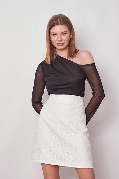 Jument Fusta cu talie înaltă, cu dantelă, din țesătură ușor elastică, pentru femei (BOY: 49CM -2CM)-crem