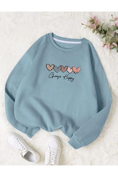 FAVORİST Hanorac oversize cu decolteu rotund cu imprimeu CHOOSE HAPPY HEARTS