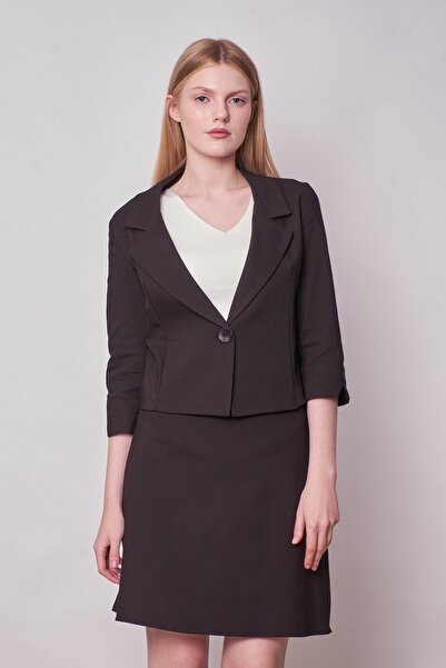 Jument Women's Collared Capri Sleeve Sleeve Slit Lightweight Lycra Fabric Short Blazer Jacket (Skirt Jument100083)-Si