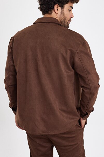 MADZEYMODA New Season Ανδρικό πουκάμισο με μονή τσέπη Scuba καφέ σουέτ Mz19811