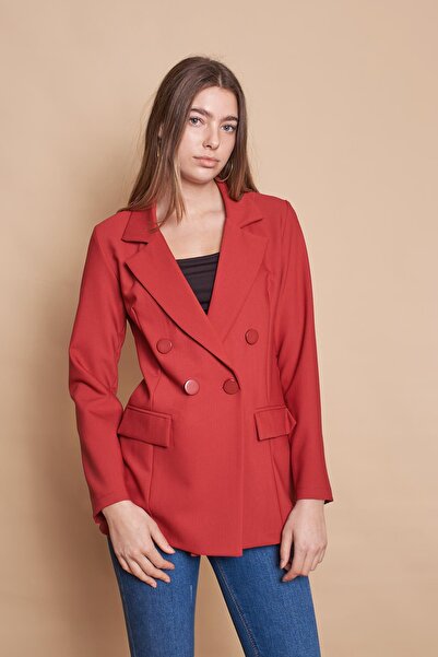 Jument Women's Button Detailed Long Sleeve Stylish Office Ornamental Pocket Flap Fabric Blazer Jacket - Burgundy