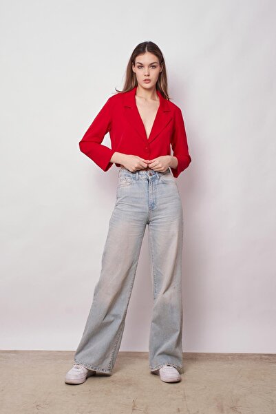 Jument Women's Double Breasted Wrap Lightweight Lycra Fabric Crop Short Blazer Jacket-Red