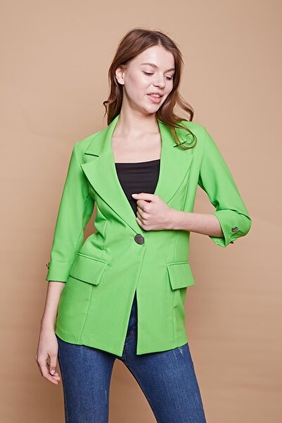 Jument Μεταλλικό κουμπί με λεπτομέρεια με κάλυμμα τσέπης με μανίκια τριών τετάρτων ελαστικό ύφασμα υφασμάτινο μπλέιζερ αθλητικό μακρύ παλτό-πράσινο φιστίκι