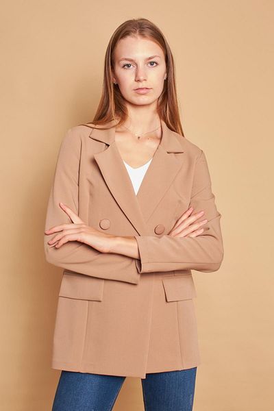 Jument Jachetă de damă, cu mânecă lungă, cu mânecă lungă, detaliată cu nasturi, pentru birou, cu buzunar ornamental, cu clapă - bej