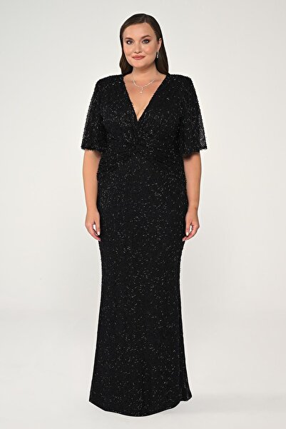 ALFABETA V Yaka Kısa Kollu Boncuklu Kumaş Büyük Beden Uzun Abiye Elbise