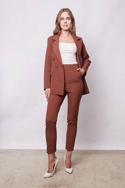 Jument Dark Tan Women's Blazer Jacket - Button Detail, Long Sleeve, Pocket Cover