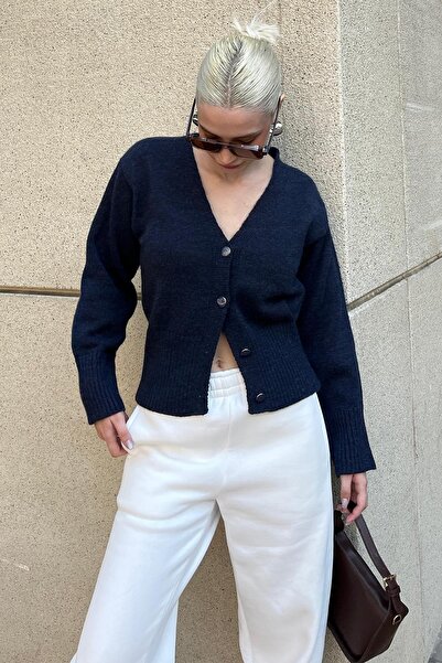 Madmext Navy Blue Buttoned Ribbed Detailed Knitwear Cardigan Mg2199