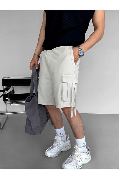 ablukaonline Men's Baggy Fit Cargo Pocket String Shorts Stone Color
