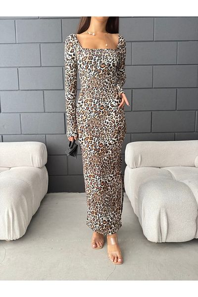 Fav Style Γυναικείο μακρύ φόρεμα σε μπεζ χρώμα - τετράγωνο γιακά, λεοπάρ στάμπα και σκίσιμο